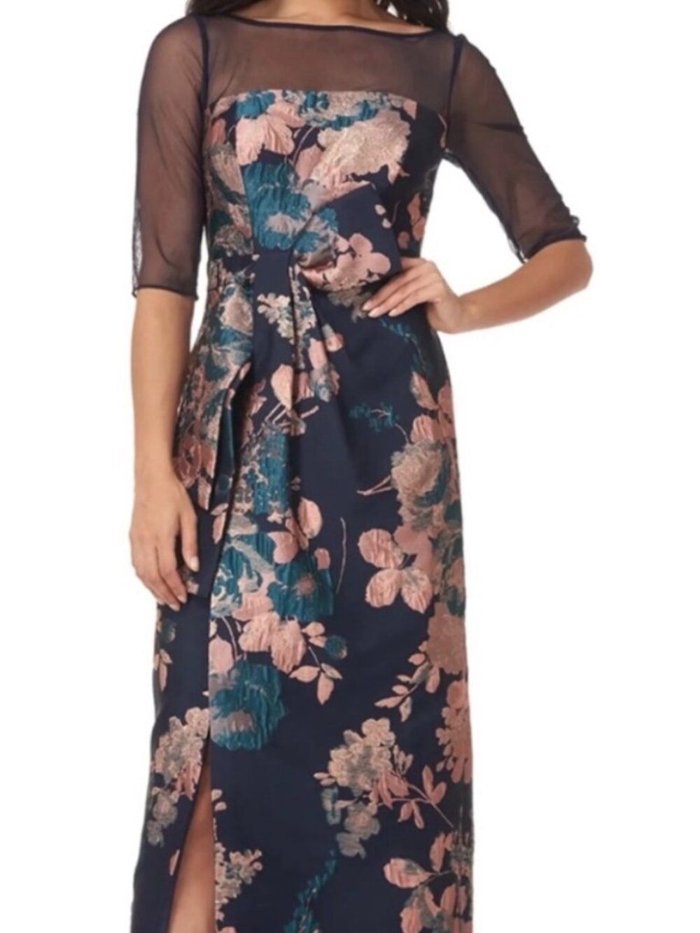 NWT Kay Unger Navy Blue Floral Gown with Sheer Illusion Neckline. Size 6/8